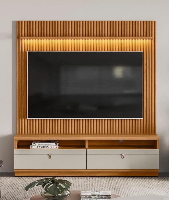 Rack con Panel Ouro Preto Listones de madera y Led 180cm MDF/MDP en Madera natural - Muebles para TV, Uruguay | Balton, vista 7