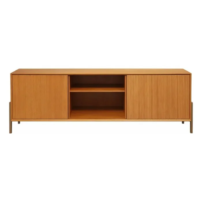 Rack de madera con 2 puertas, estantes y patas de metal. en Madera natural - Muebles para TV, Uruguay | Champagne Home