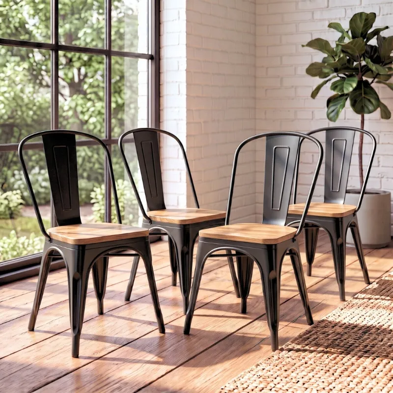 Silla Tolix Pack 4 unidades Metálica Asiento En Madera - Blanco en Blanco - Sillas, Uruguay | Rústico Hogar