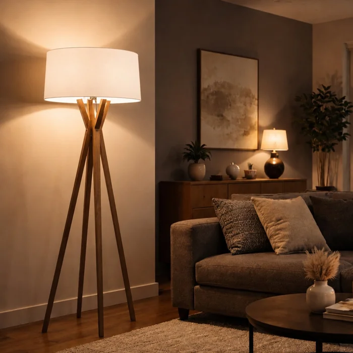 Luminaria de pie pantalla natural y madera E27 147cm en Blanco - Lámparas de pie, Uruguay | Iluminica