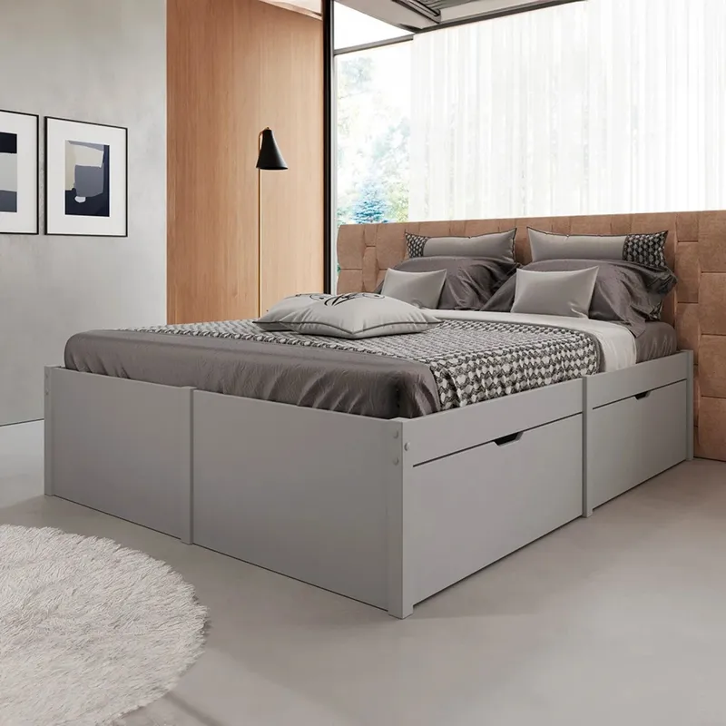 Cama Madera Maciza Con Cajones - 2 plazas - Línea beauty - Gris en Gris - Dormitorio, Uruguay | Ecowood