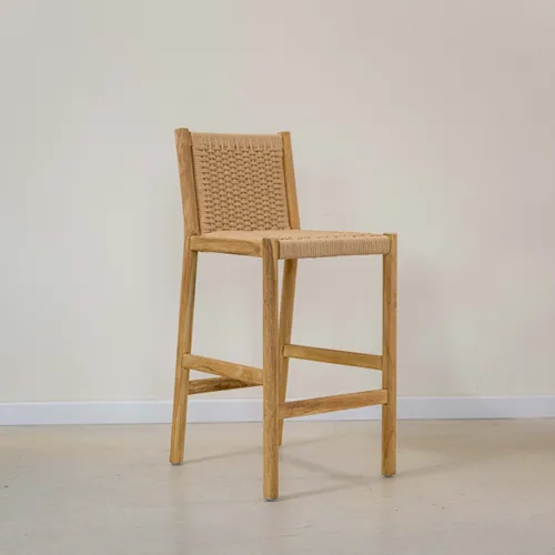 Banqueta en madera teca y cuerda en respaldo y asiento en Madera natural - Butacas, banquetas y puffs, Uruguay | Entrecasa