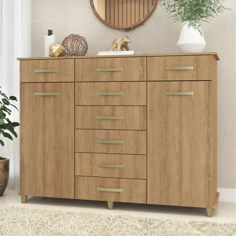 Comoda Cajonera de 8 cajones 2 puertas 1 perchero y 2 estantes internos para Dormitorio o Living - FE - Miel en Marrón - Cómodas, Uruguay | Mulata