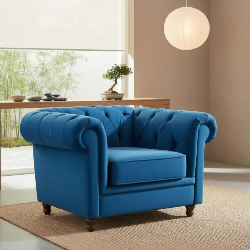 Sofa 1 cuerpo Clasico - Tapizada tela Turquesa en Azul - Butacas, banquetas y puffs, Uruguay | Champagne Home, vista 3