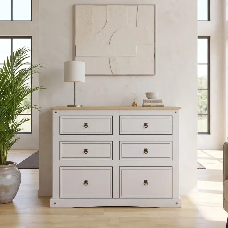 Comoda 6 Cajones Linea Mexicana en Blanco - Cómodas, Uruguay | Rústico Hogar