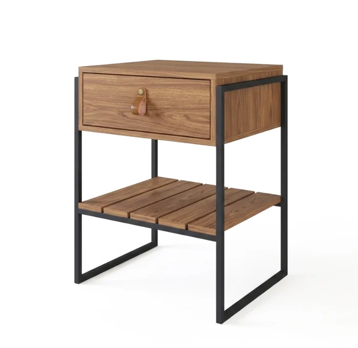 Mesa de Luz James (Olmo/Hierro Negro) en Olmo – Diseño exclusivo – Marco de acero al carbono de 25 mm – Pintura metalizad - Mesas de luz, Uruguay | Berna home