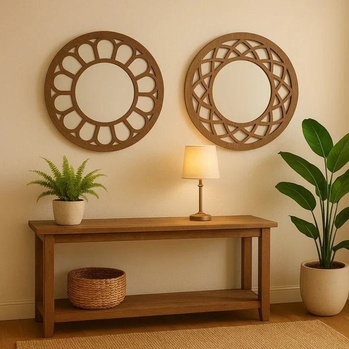 ESPEJO CIRC. MARCO DISEÑO TRIANGULOS D50CM MADERA en Madera natural - Espejos, Uruguay | Decohogar, vista 3
