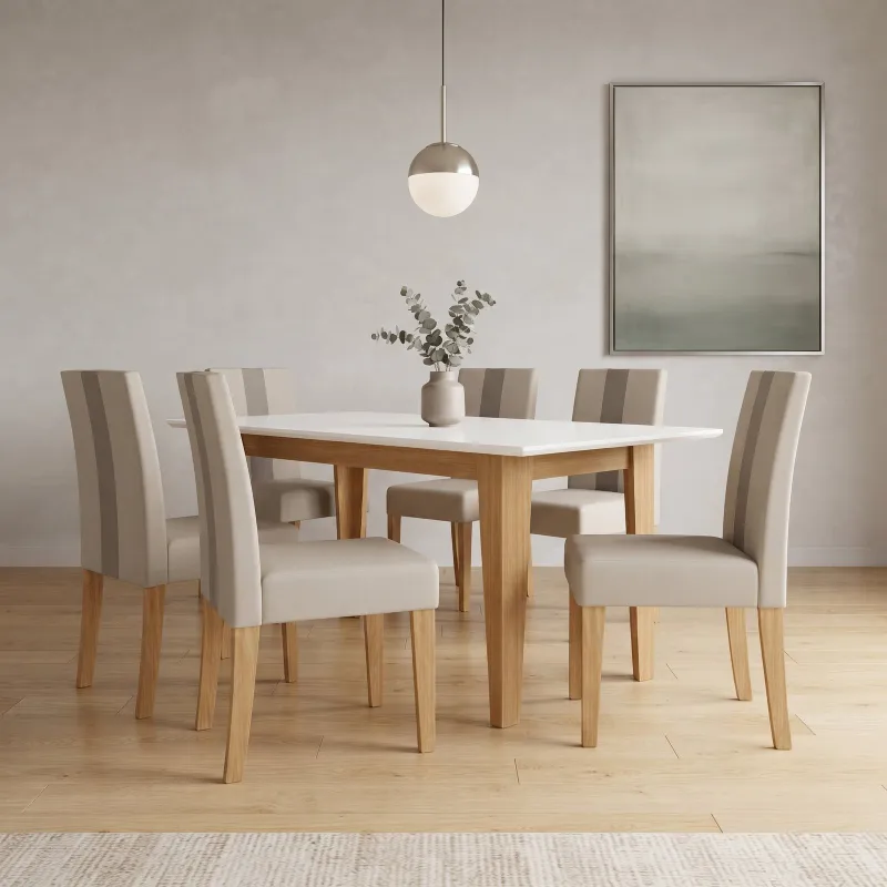 Juego de comedor Liz 6 sillas - Moderna Hogar en Estructura Freijo UV / Tapa Off White / Sillas Beige - Mesas de comedor, Uruguay | Moderna Hogar
