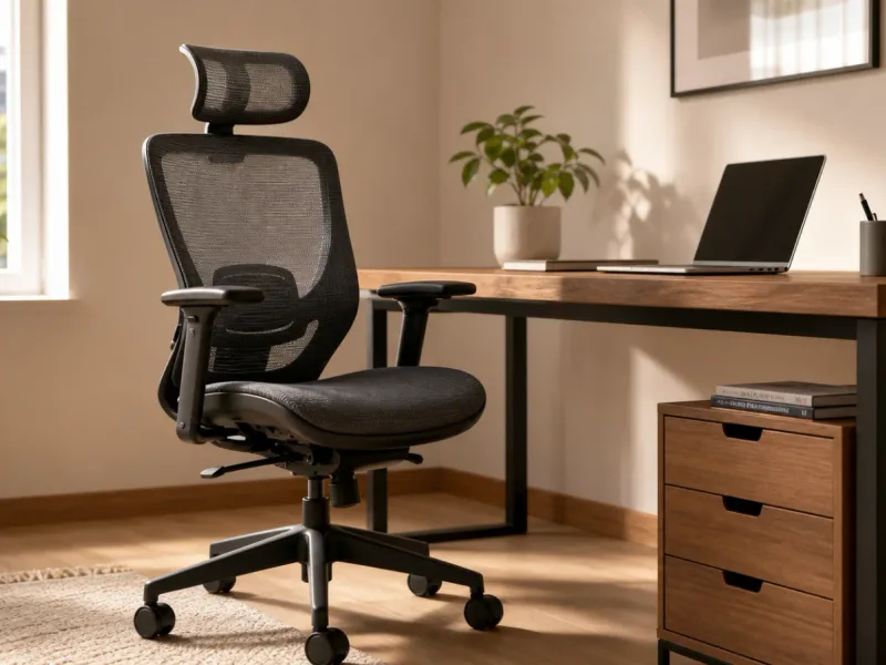 Silla de escritorio ergonómica con respaldo de malla, apoyabrazos y base con ruedas junto a un escritorio de madera