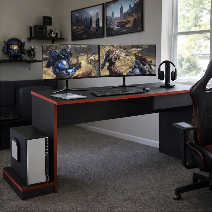 Escritorio Gamer con Cajón y Soporte para CPU | Mesa Gaming Moderna - Grafito / Rojo en Negro - Escritorios y sillas de escritorio, Uruguay | Mulata, vista 2