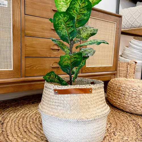 Canasto Natural con Asa de Cuero Corta con Blanco en Blanco - Canastos, Uruguay | Indrana