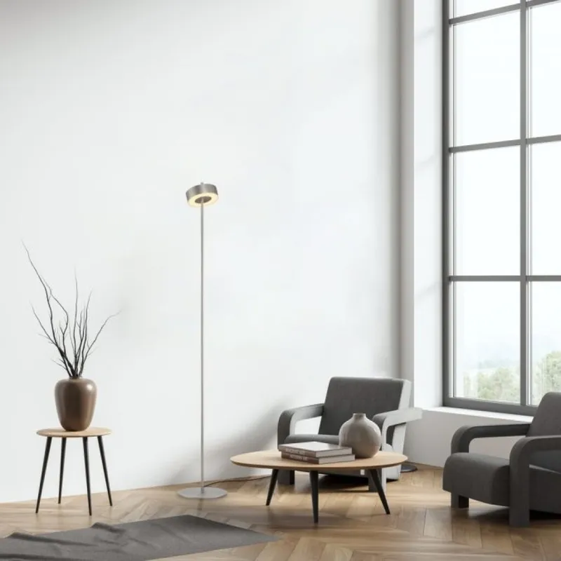 LAMPARA DE PIE ANILLO PLATA DIMERIZABLE Y CCT 9W CON CONTROL - 140CM en Plateado - Lámparas de pie, Uruguay | Iluminica
