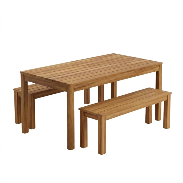 Juego de Patio en Madera de Teca Mesa 160 cm con 2 Bancos en Madera natural - Muebles para el exterior, Uruguay | Rústico Hogar