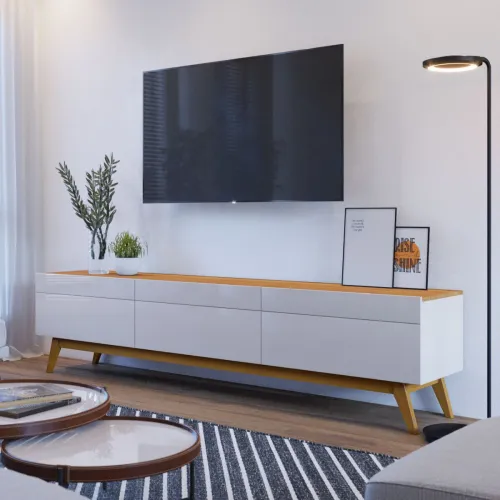 Rack Classic 180 - 3 cajones - Off White y Natural en Blanco - Muebles para TV, Uruguay | NYR
