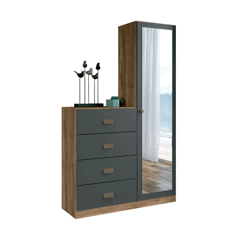 Comoda 4 Cajones 1 Puerta Con Espejo Cajonera Dormitorio Grafito en Gris - Cómodas, Uruguay | Soy Hogar