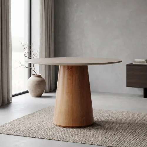 Mesa de Comedor Zara - Redonda con vidrio - 100 - Off White y Canela en Blanco - Mesas de comedor, Uruguay | NYR