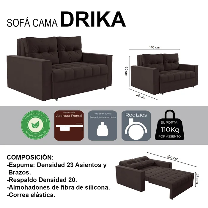 Sofa Cama 2 Plazas Abertura Frontal Ruedas Patas De Madera en Marrón - Sillones y sofás, Uruguay | Soy Hogar, vista 2