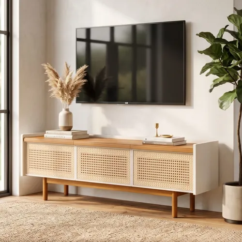 Rack de TV Dune Rattan 1.8 - Linea Manhattan - Off White en Madera natural - Muebles para TV, Uruguay | Rústico Hogar