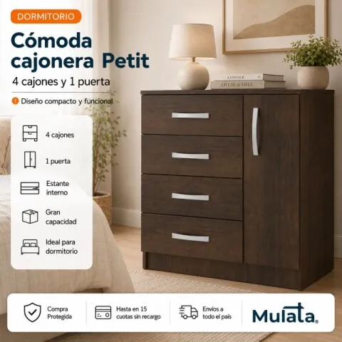 Comoda Cajonera Petit para Dormitorio de 4 Cajones 1 Puerta - FE - Marron en Marrón - Cómodas, Uruguay | Mulata
