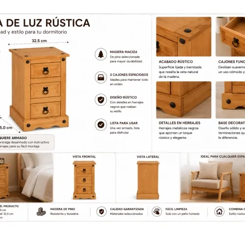 Mesa de Luz 3 cajones Cera/Blanca LINEA CORONA MADERA - Mesas de luz, Uruguay | Que Sal Muebleria