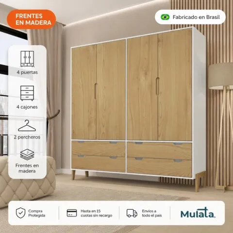 Ropero Armario de 4 Puertas, 2 Percheros y 4 Cajones en MDP - Madera - Línea Melilla - Blanco en Blanco - Roperos y placares, Uruguay | Mulata