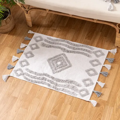 Alfombra de Algodón con Rombos Texturados y Flecos Borla - Textiles, Uruguay | Arredo