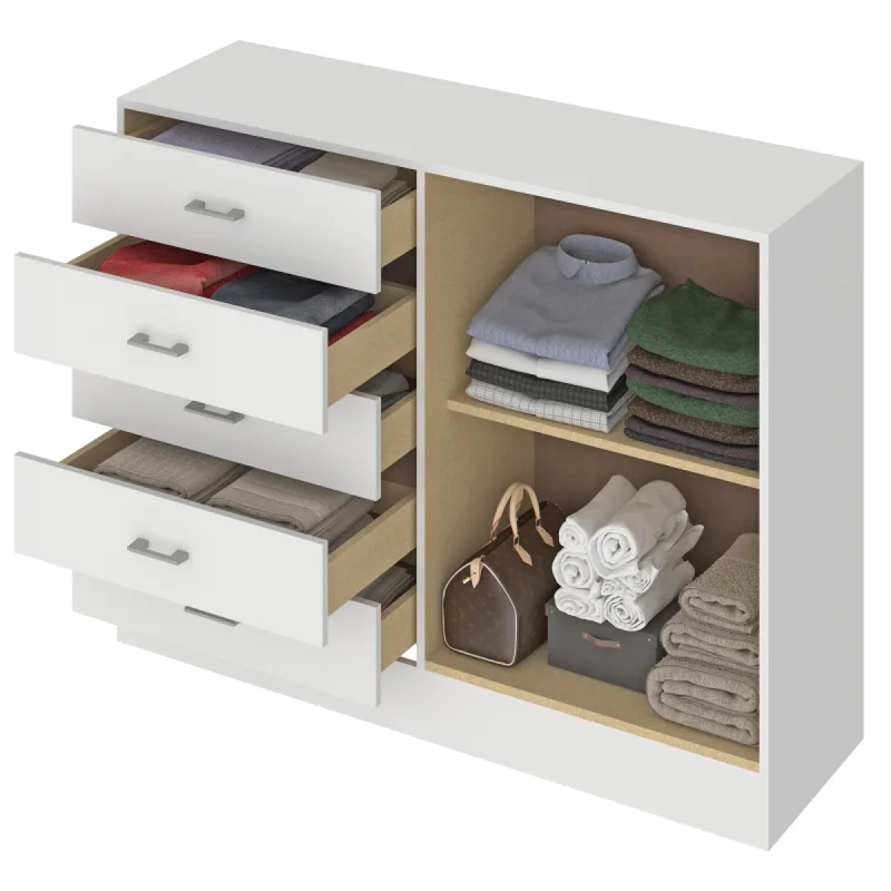 Cómoda Cajonera para Dormitorio de 5 Cajones 2 Puertas y 1 Estante interno - FE - Blanco en Blanco - Cómodas, Uruguay | Mulata, vista 3