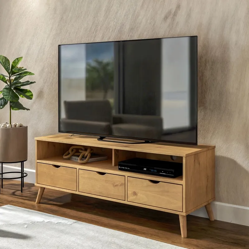 Rack 3 Cajones Madera - Linea Dublin - Blanco en Madera natural - Muebles para TV, Uruguay | Rústico Hogar