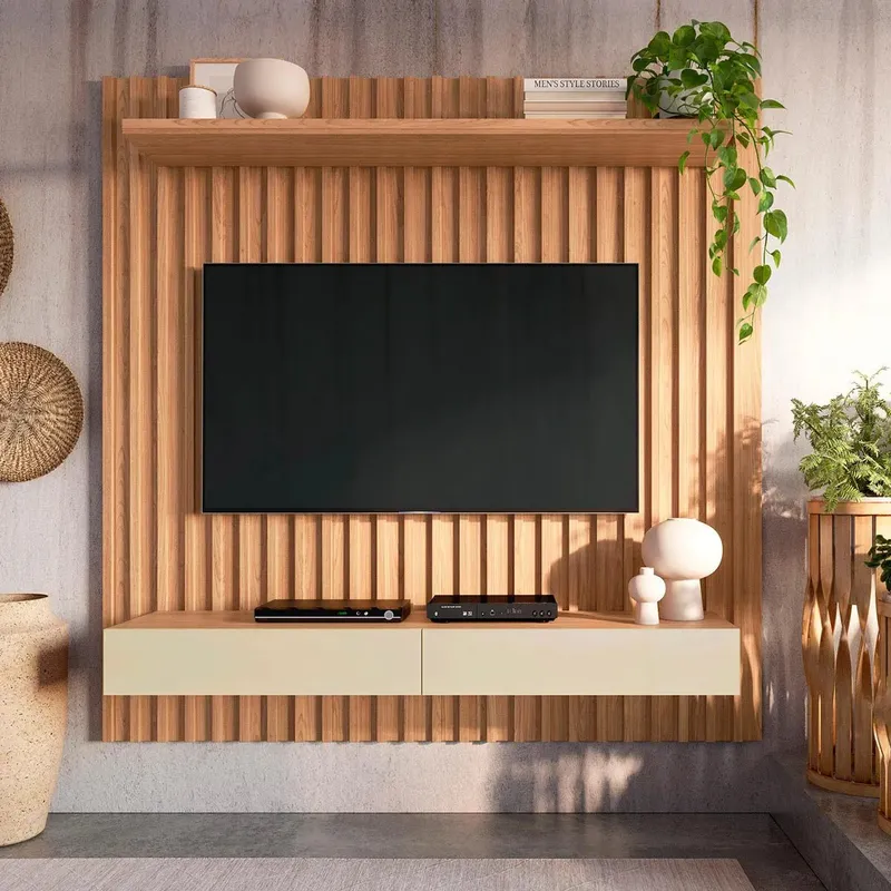 Panel TV con Listones Lara 180CM - 100% MDF en Madera natural - Muebles para TV, Uruguay | Balton