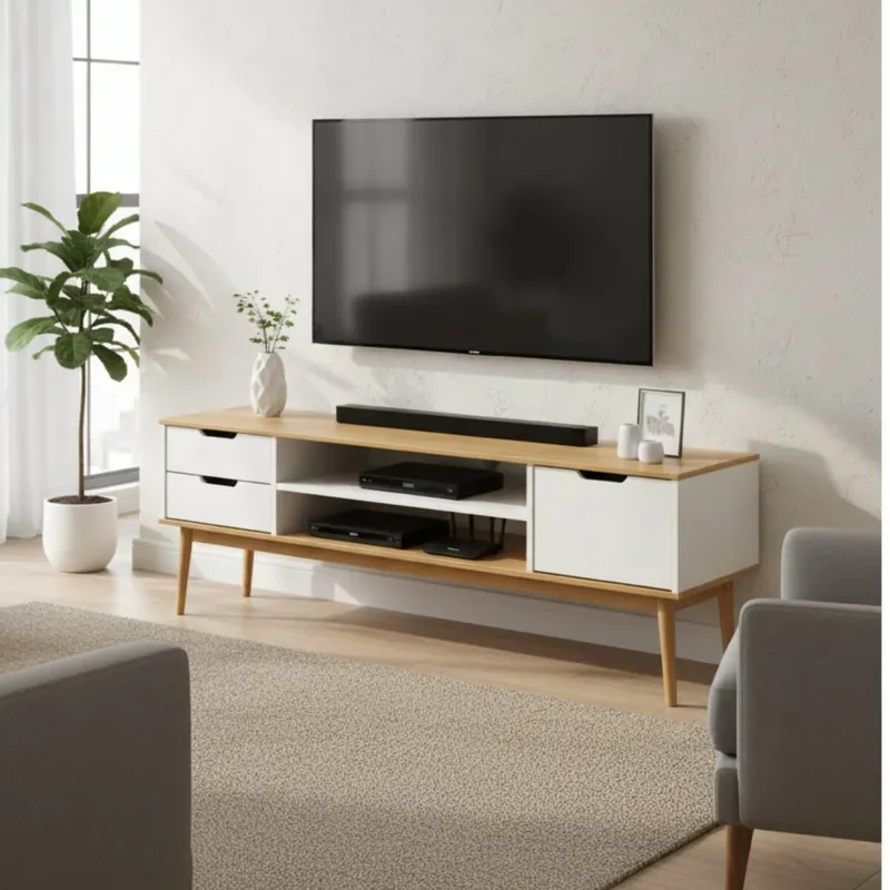 Rack para TV - Linea Nórdica - Roble/Gris claro/Blanco en Madera natural - Muebles para TV, Uruguay | Rústico Hogar