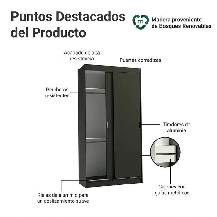Ropero Placar Tokyo de 2 puertas corredizas con 2 Espejos en Negro - Roperos y placares, Uruguay | Balton, vista 13