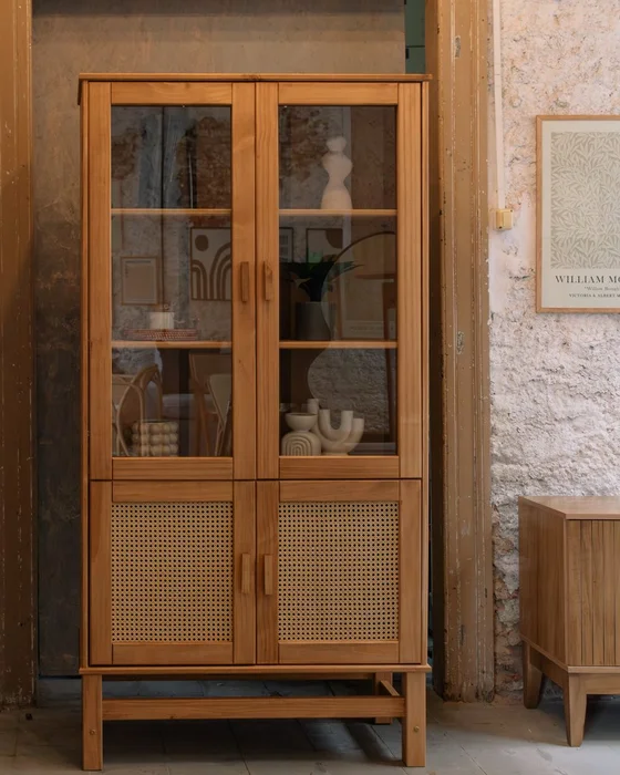 Cristalero 4 Puertas Madera de Pino y Rattan Natural – Linea Yakarta – CON DETALLE en Madera natural - Aparadores y recibidores, Uruguay | Berna Home, vista 4