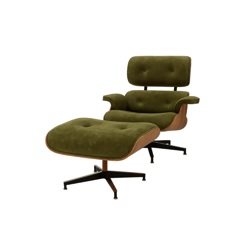 BUTACA EAMES GAMUZA MUSGO CON PUFF en Verde oliva - Butacas, banquetas y puffs, Uruguay | Masinfinito Casa