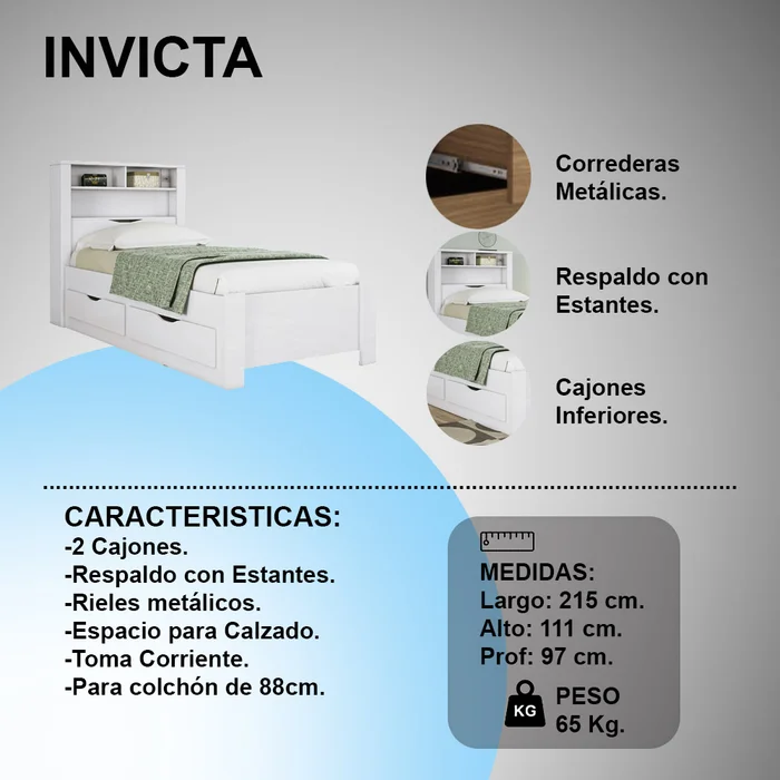 Cama 1 Plaza Con 2 Cajones Y Estanteria Blanco en Blanco - Dormitorio, Uruguay | Soy Hogar, vista 3