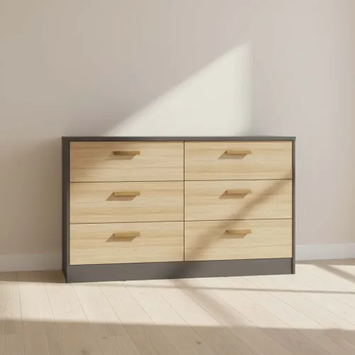 Cómoda 6 Cajones Mdf Negro Venetto Ii en NEGRO/NATURAL - Cómodas, Uruguay | Divino