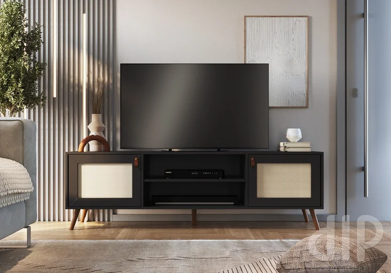 Rack Praga 140 cm - Negro con Esterilla en Gris - Muebles para TV, Uruguay | Berna Home, vista 4