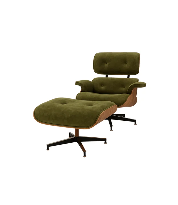 BUTACA EAMES GAMUZA MUSGO CON PUFF en Verde oliva - Butacas, banquetas y puffs, Uruguay | Más Infinito Casa