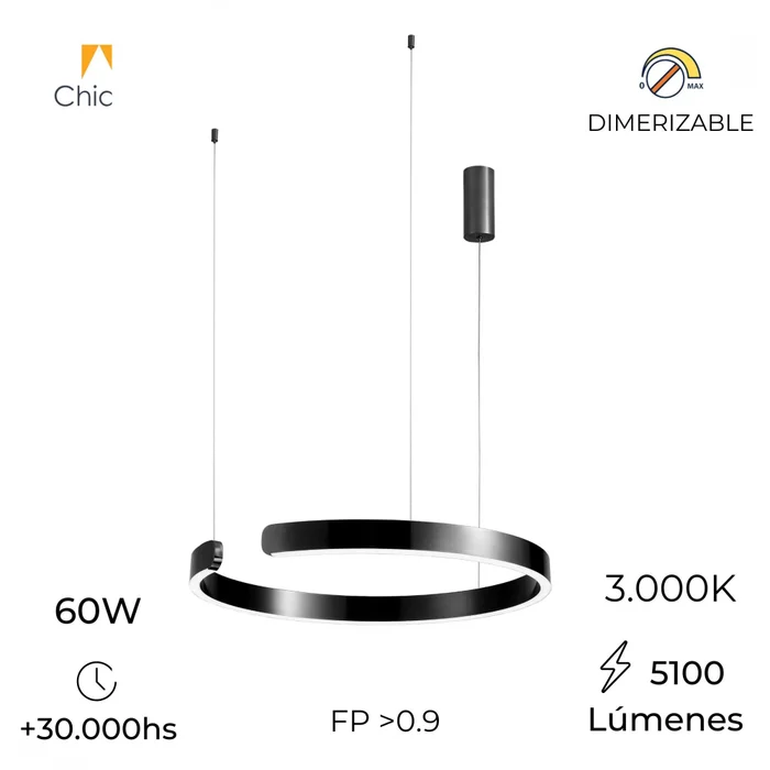 Luminaria de susp. Led circular con corte, 60W Dimerizable, 60cm en Negro - Lámparas colgantes, Uruguay | Iluminica, vista 3