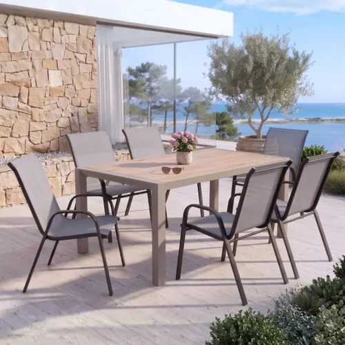 Juego de Jardín Mesa Rectangular Urbanite + 6 Sillas de Acero y Ratán Gris en Gris - Muebles para el exterior, Uruguay | Rústico Hogar