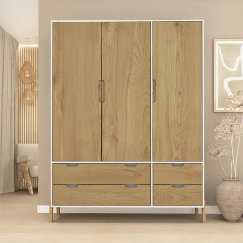 Ropero Armario de 3 Puertas, Perchero y 4 Cajones en MDP - Madera - Línea Melilla - Blanco en Blanco - Roperos y placares, Uruguay | Mulata
