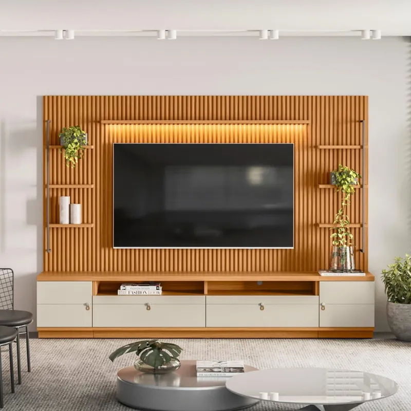 Modular para Tv Ouro Rack + Panel 2 Laterales en Madera natural - Muebles para TV, Uruguay | Rústico Hogar