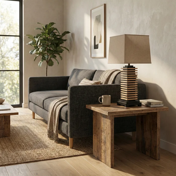 Lámpara de Mesa Tower Stack en Madera natural con base negra y pantalla tostada/beige - Lámparas de mesa, Uruguay | La Perla, vista 3