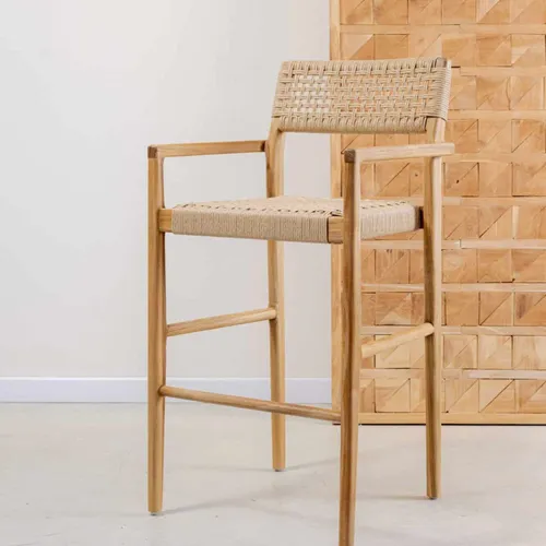 Banqueta en teca y fibra loom en Beige - Butacas, banquetas y puffs, Uruguay | Entrecasa
