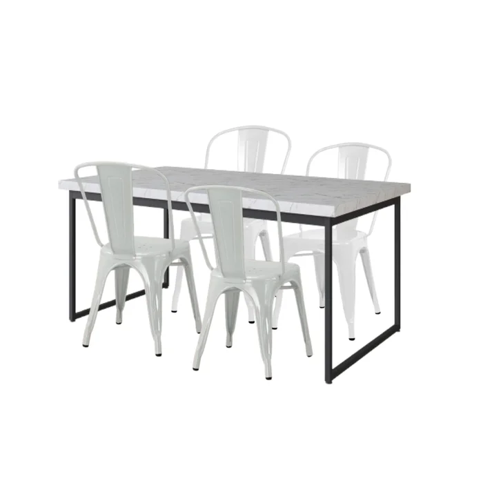 Juego de Comedor Mesa Rectangular Oxford 150cm Con Detalle + 4 con Sillas Blancas Tolix en Mármol (Volakas). Material: Tapa con borde MDP y Patas de Hierro. Capacidad: 4 s - Sillas, Uruguay | Berna home