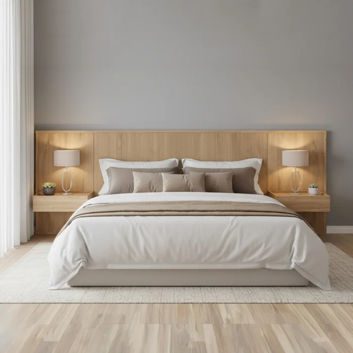 Respaldo Queen continuo con mesa de luz Chloe - Moderna - Hanover en Madera natural - Respaldos de cama, Uruguay | Rústico Hogar