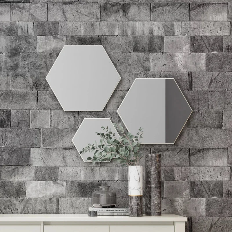 Kit de espejos decorativos hexagonales 60cm, 45cm y 30cm Bordes Blancos en Gris - Espejos, Uruguay | Balton, vista 3