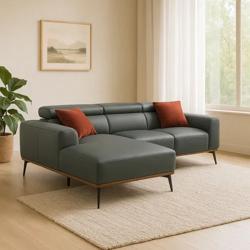 Sofá con chaise DUNA CUERO GRIS IZQUIERDO - Sillones y sofás, Uruguay | Viasono