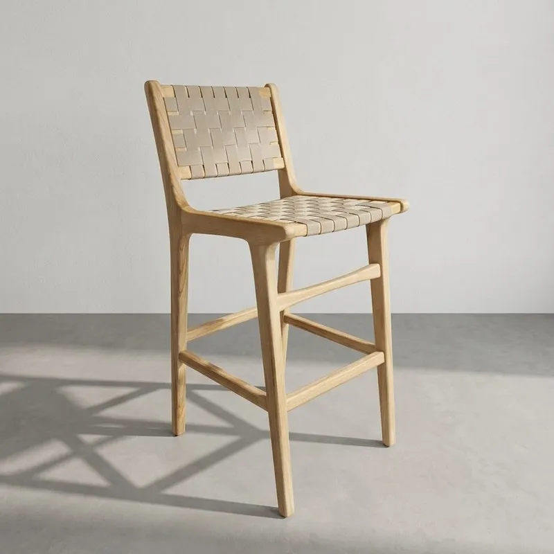 Banqueta en madera teca y cincha náutica beige en Madera natural - Butacas, banquetas y puffs, Uruguay | Entrecasa