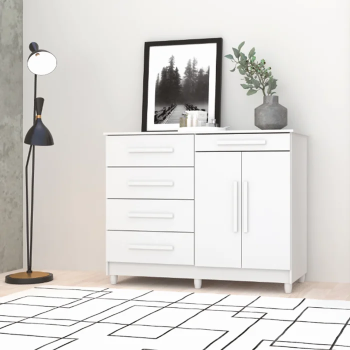 Comoda 5 Cajones 2 Puertas Moderna Con Estante 100% Mdp en Blanco - Cómodas, Uruguay | Soy Hogar, vista 2