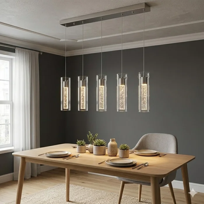 Colgante led lineal cinco cilindros efecto agua 30W en Plateado - Lámparas colgantes, Uruguay | Iluminica